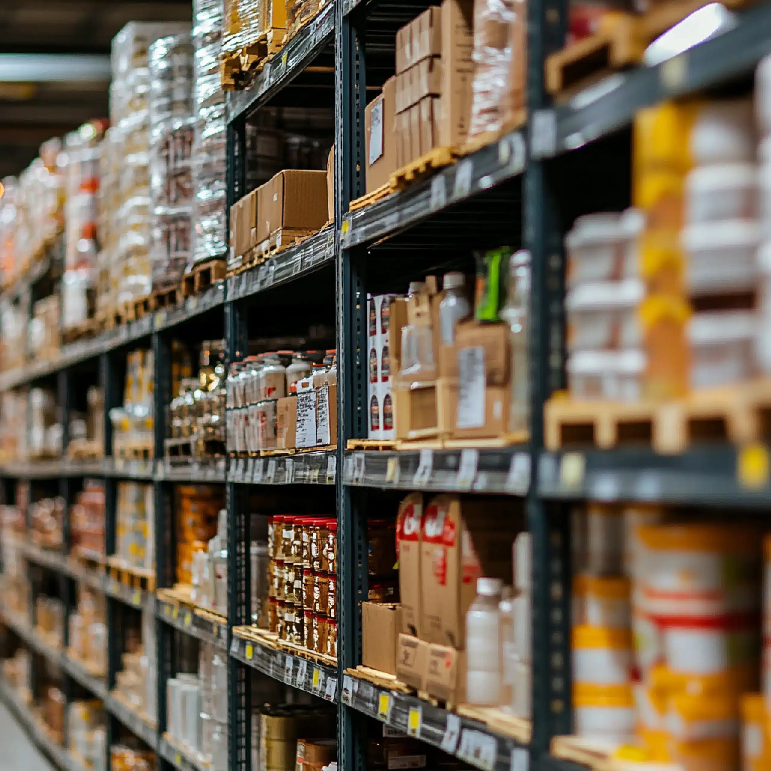 Almacén industrial con stock de mercancía apilado listo para liquidación de saldos.